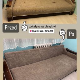Four Cleaning Polska - Zdjęcie 'przed i po' przedstawia brązową kanapę z plamami, a następnie tę samą kanapę po czyszczeniu, bez plam. Na zdjęciu widoczny napis 'Przed', 'Po' oraz informacja 'czekaly na nas plamy krwi...