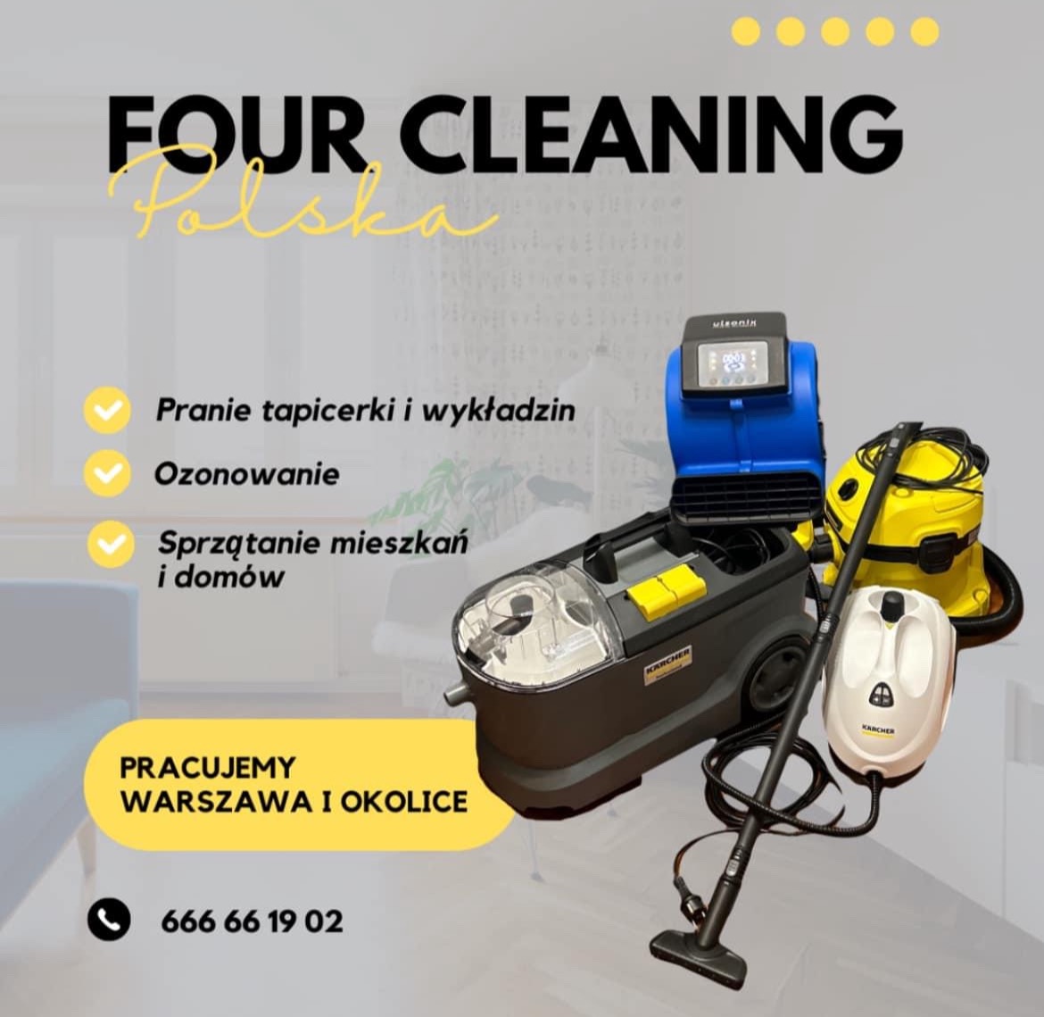 Zestaw urządzeń czyszczących: szary odkurzacz piorący Karcher, żółty odkurzacz przemysłowy, niebieski osuszacz powietrza z wyświetlaczem oraz biała parownica Karcher, na tle grafiki reklamowej...