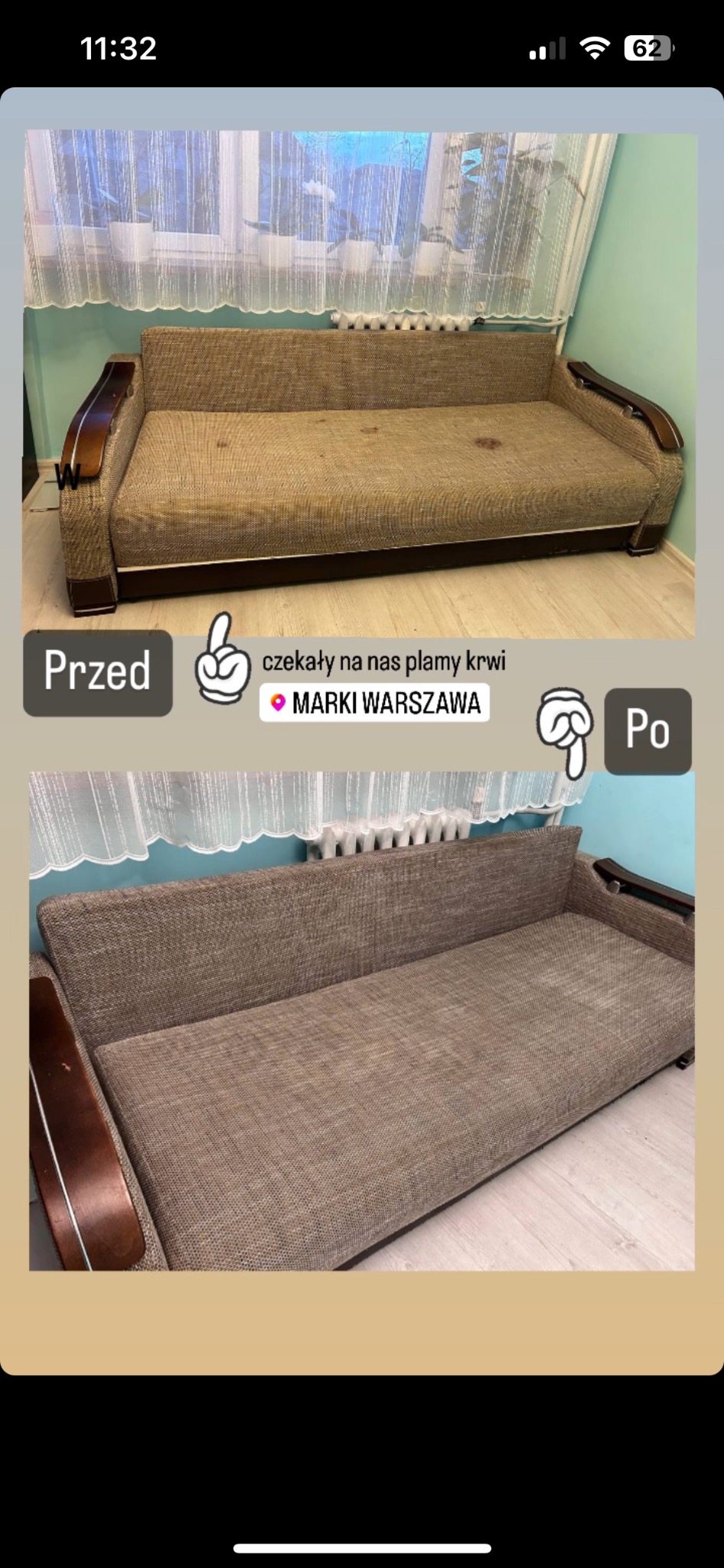 Zdjęcie 'przed i po' przedstawia brązową kanapę z plamami, a następnie tę samą kanapę po czyszczeniu, bez plam. Na zdjęciu widoczny napis 'Przed', 'Po' oraz informacja 'czekaly na nas plamy krwi...