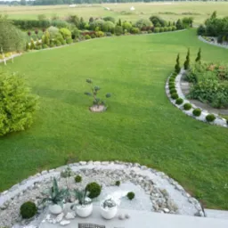 Rozległy, zadbany trawnik z r&oacute;żnorodną roślinnością ozdobną, w tym formowane krzewy i drzewka, obrzeża z kamieni i żwiru, oraz dekoracyjne donice z sukulentami na pierwszym planie.