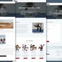Prezentacja responsywnego projektu strony internetowej dla szkoły sztuk walki z sekcjami o nas, misji, kursach i formularzem kontaktowym.