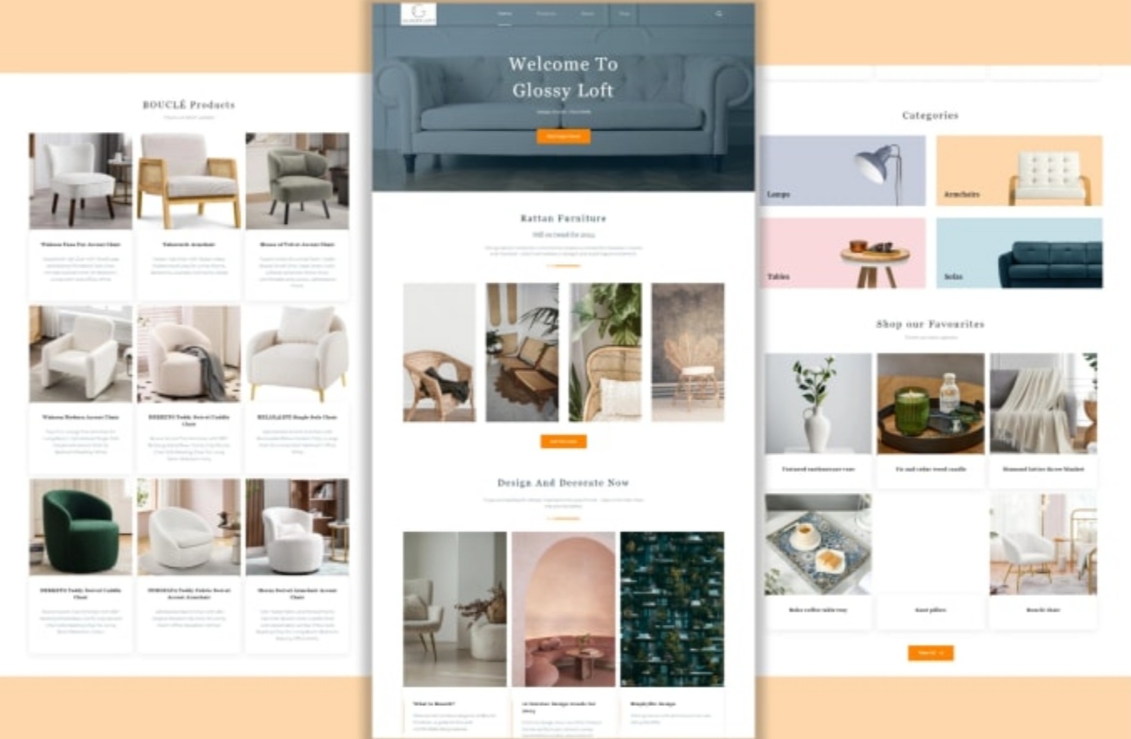 Prezentacja responsywnej strony internetowej sklepu meblowego z kolekcją foteli boucle, mebli rattanowych i dekoracji wnętrz.
