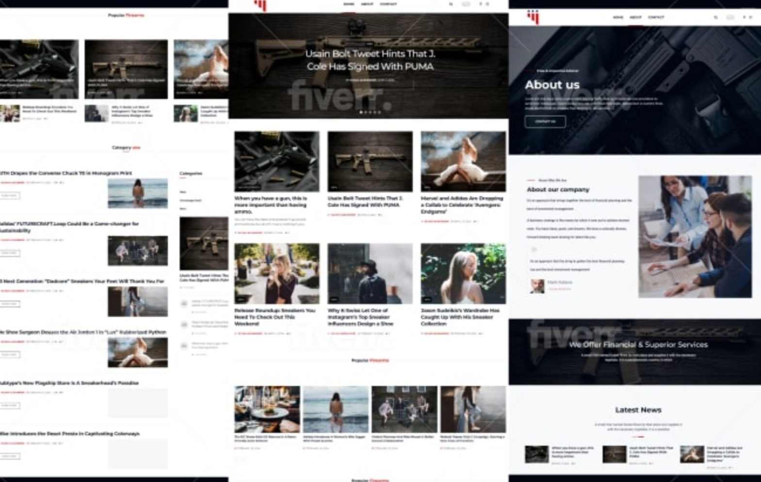 Fragmenty ekranu przedstawiające responsywny układ strony internetowej z różnorodną zawartością, w tym artykuły o modzie, broni i finansach, z widocznym logo Fiverr na niektórych elementach.