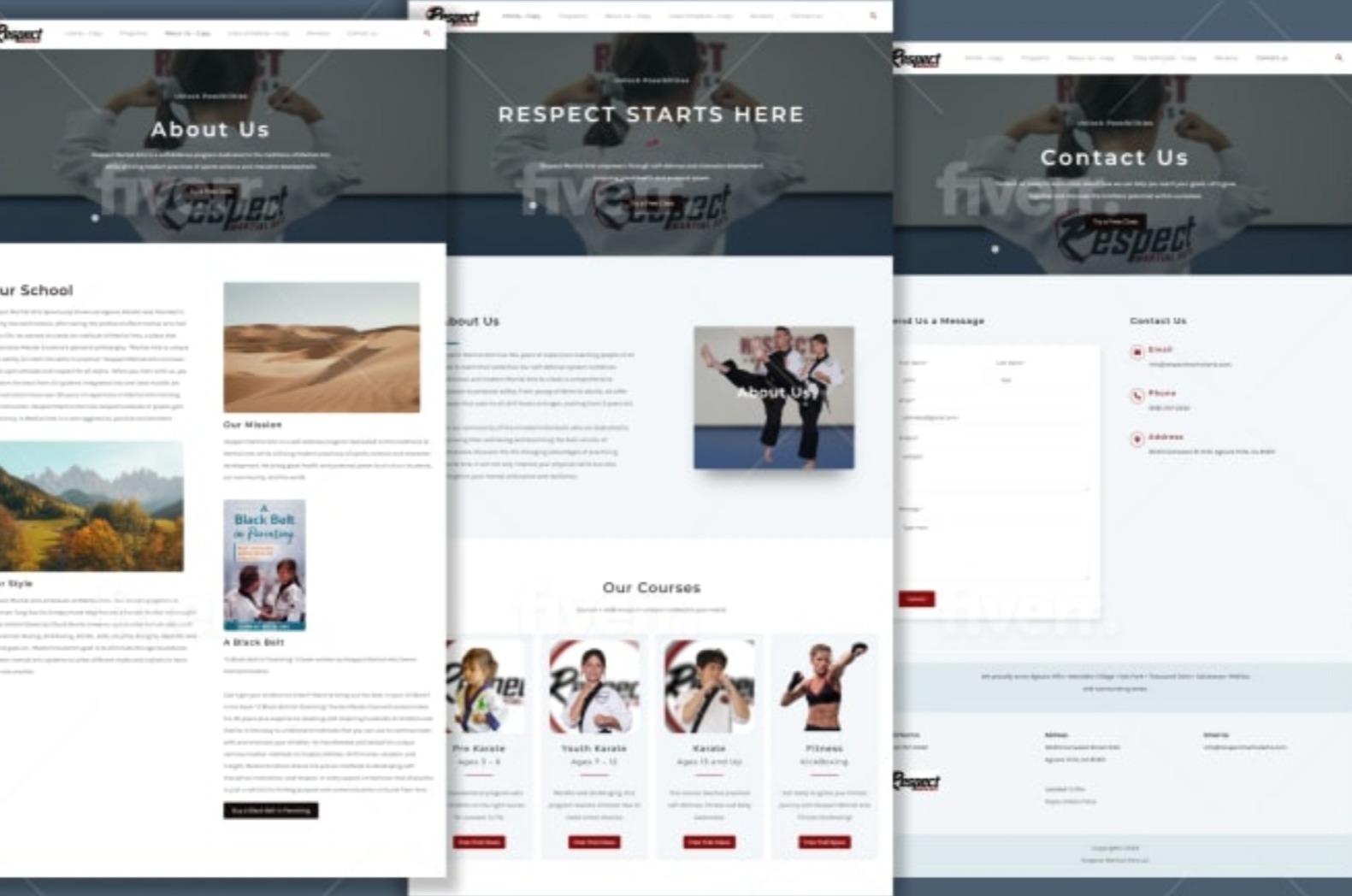 Prezentacja responsywnego projektu strony internetowej dla szkoły sztuk walki z sekcjami o nas, misji, kursach i formularzem kontaktowym.