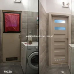 Zdjęcie typu 'przed i po' przedstawiające wymianę starej futryny i skrzydła w łazience, z widoczną pralką Samsung w obu ujęciach, ukazujące efekt po montażu nowoczesnego skrzydła z przeszkleniami.