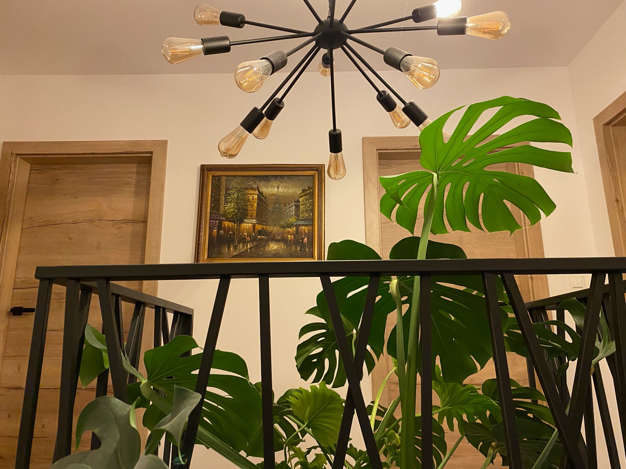 Wnętrze z drewnianymi skrzydłami, modernistyczną lampą sufitową z żarówkami Edisona, obrazem w złotej ramie i rośliną Monstera Deliciosa na balkonie.