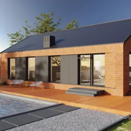 Wizualizacja nowoczesnego, parterowego domu z cegły klinkierowej, z płaskim dachem i dużymi oknami przesuwnymi, przylegającego do drewnianego tarasu z basenem i minimalistycznymi meblami ogrodowymi.