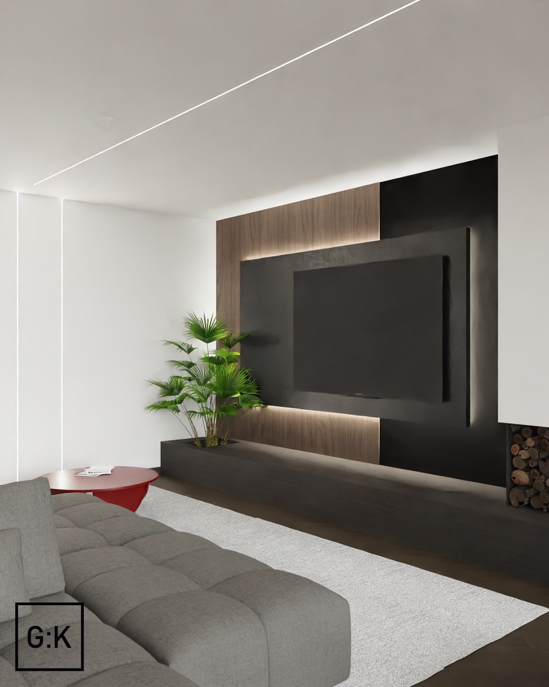 Minimalistyczny salon z szarą sofą modułową, drewnianą ścianą TV z podświetleniem LED, rośliną doniczkową i okrągłym czerwonym stolikiem kawowym na jasnym dywanie.