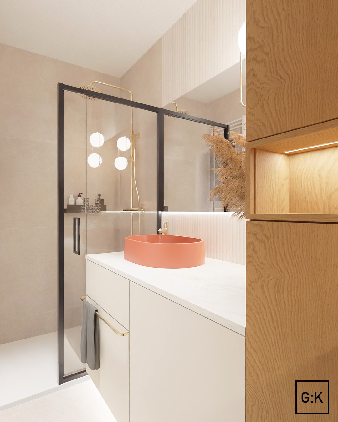 Nowoczesna łazienka z kabiną prysznicową typu walk-in, umywalką w kolorze koralowym i drewnianą zabudową z podświetlaną wnęką, widoczny ręcznik na relingu i designerska bateria.