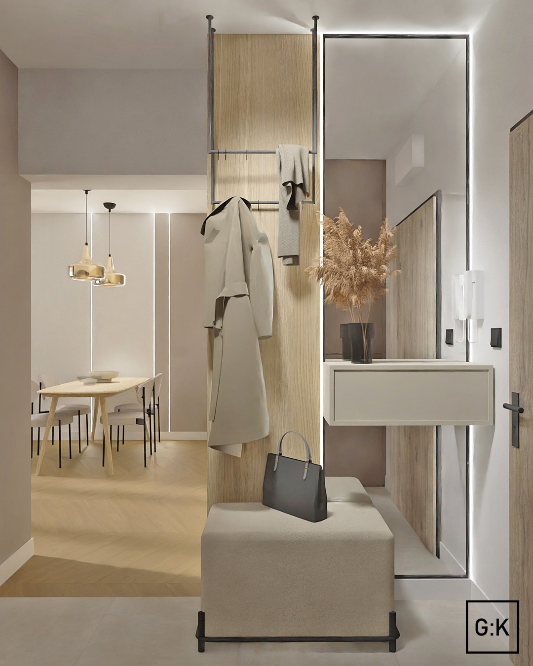 Wnętrze mieszkania w stylu minimalistycznym: przedpokój z lustrem z podświetleniem LED, wieszak na ubrania, puf i widok na jadalnię z lampami wiszącymi.