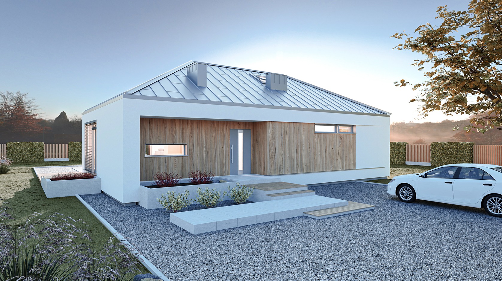 Wizualizacja nowoczesnego, parterowego domu z elewacją w bieli i drewnie, srebrnym dachem, betonowym wejściem i podjazdem z szarego żwiru, z samochodem w tle.