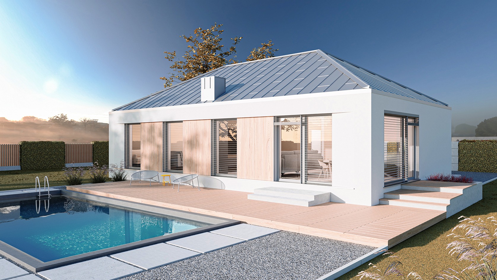 Wizualizacja nowoczesnego, białego domu z szarym dachem, dużymi oknami z drewnianymi żaluzjami, tarasem z drewna i basenem w słoneczny dzień.