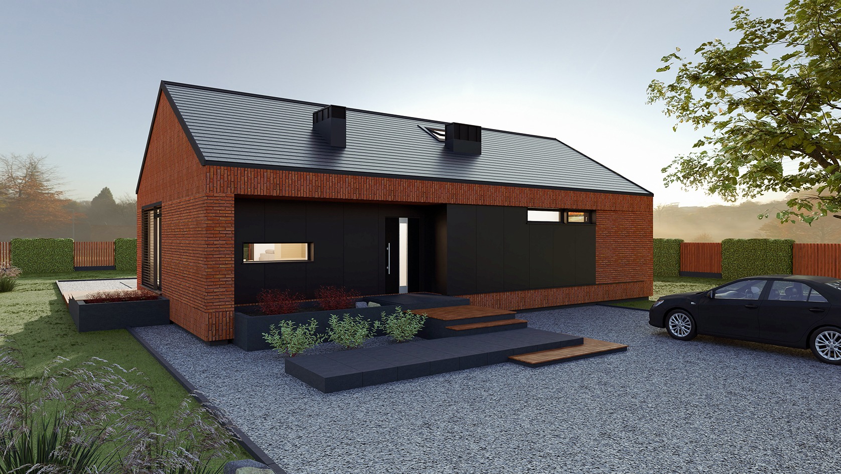 Wizualizacja nowoczesnego domu jednorodzinnego z elewacją z cegły i czarnymi panelami, czarnym dachem, z podjazdem z szarego żwiru i czarnym samochodem w tle.