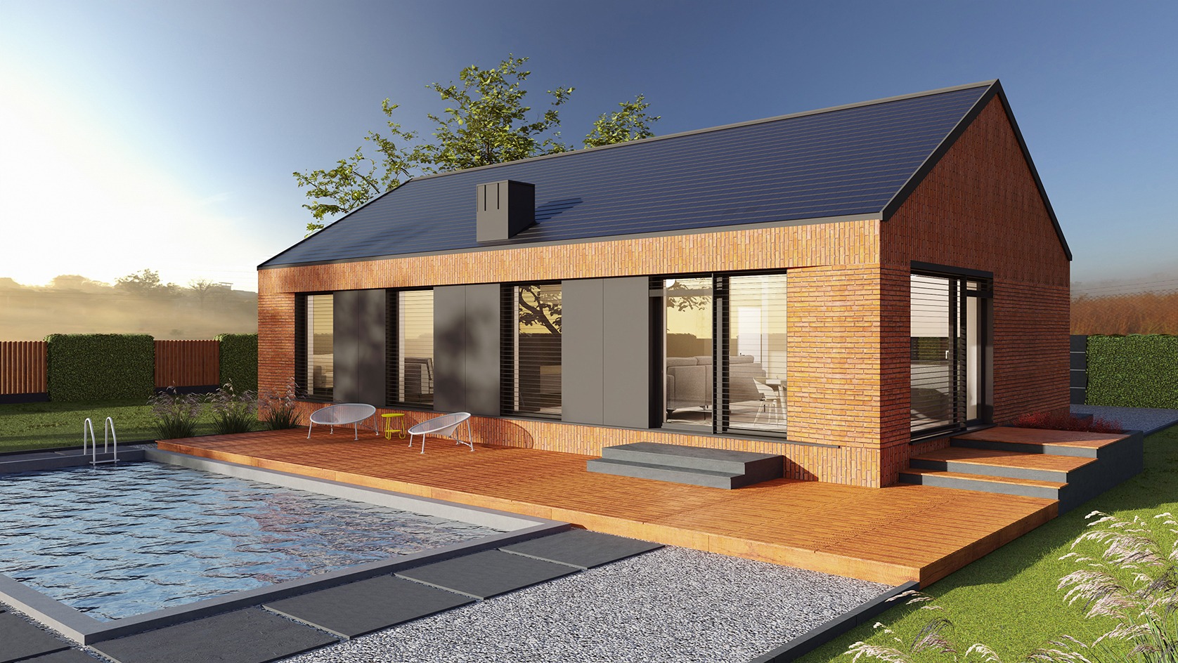 Wizualizacja nowoczesnego, parterowego domu z cegły klinkierowej, z płaskim dachem i dużymi oknami przesuwnymi, przylegającego do drewnianego tarasu z basenem i minimalistycznymi meblami ogrodowymi.