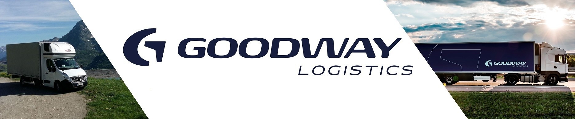 Kompozycja z logo Goodway Logistics, prezentująca furgonetkę na tle górskiego krajobrazu i ciężarówkę na tle zachodzącego słońca.