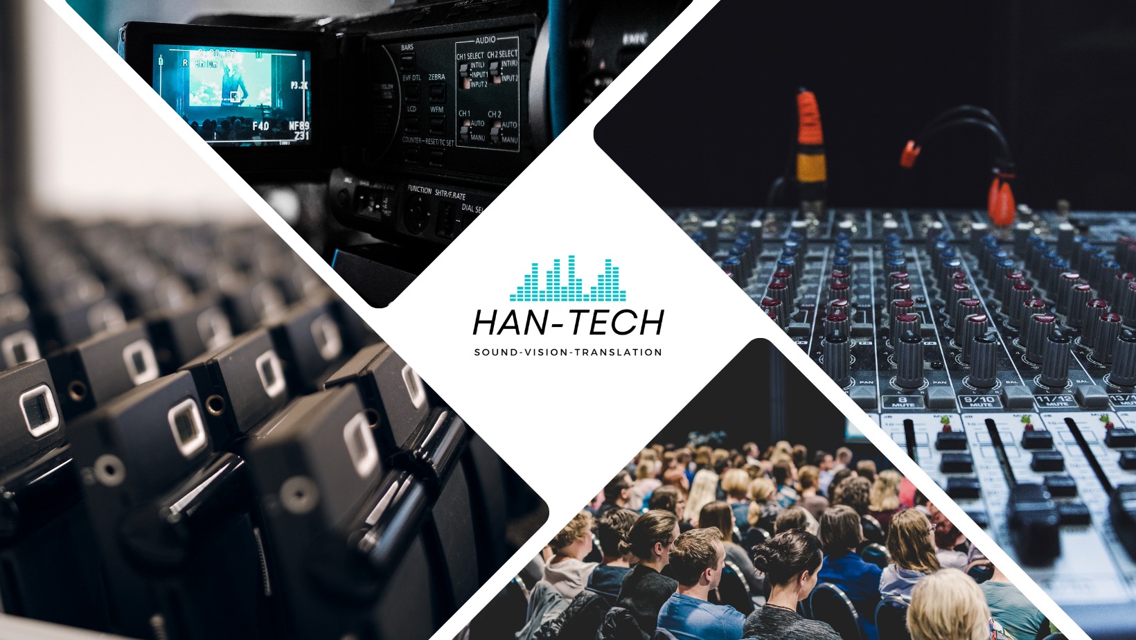 Montaż wideo i nagłośnienie: kamera, mikser audio, tłumacz symultaniczny i widownia. HAN-TECH: dźwięk, wizja, tłumaczenia.