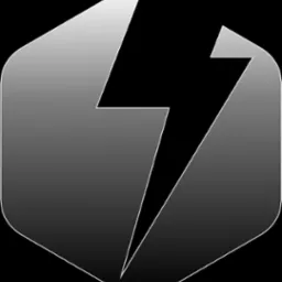 Stylizowany, gradientowy symbol błyskawicy wpisany w sześciokąt o zaokrąglonych rogach, na czarnym tle.