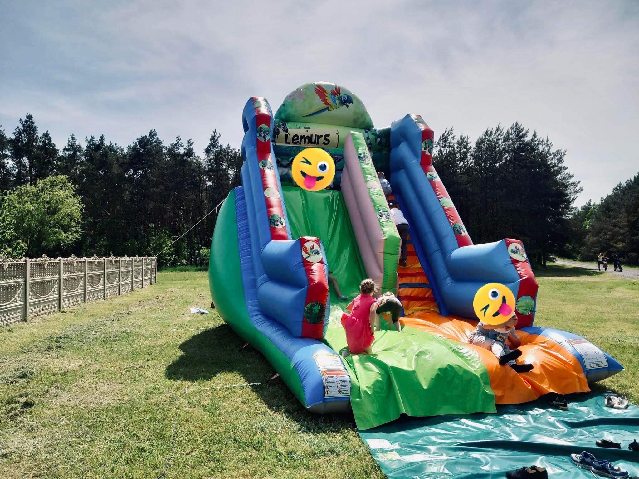 Duży, kolorowy dmuchany zamek ze zjeżdżalnią na trawie, z bawiącymi się dziećmi, nazwa zamku Lemurs z motywem papugi na górze.