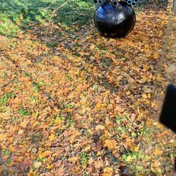 K.P. Digger - Częściowo widoczny czarny zbiornik z rurami na tle ziemi pokrytej jesiennymi liśćmi. Ujęcie z perspektywy lekko z góry.