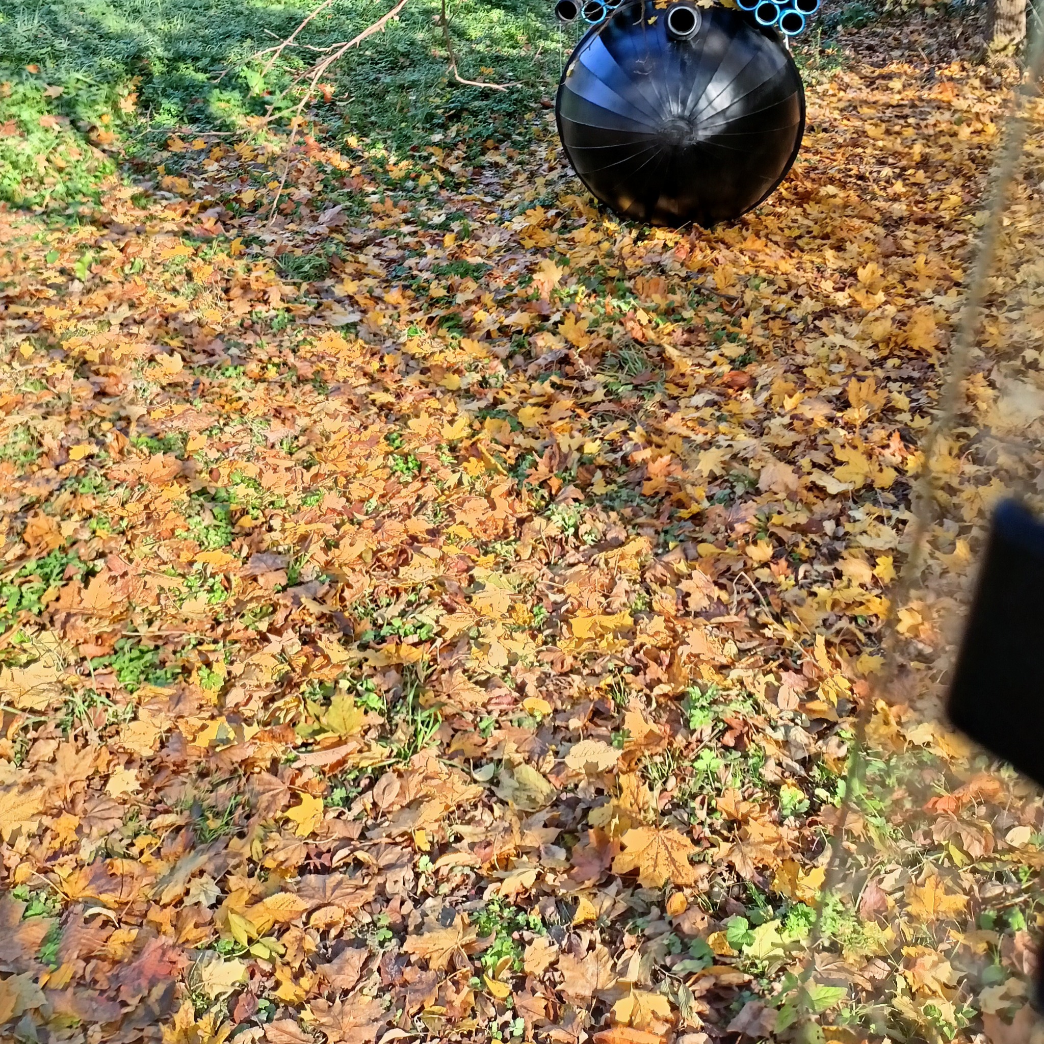Częściowo widoczny czarny zbiornik z rurami na tle ziemi pokrytej jesiennymi liśćmi. Ujęcie z perspektywy lekko z góry.