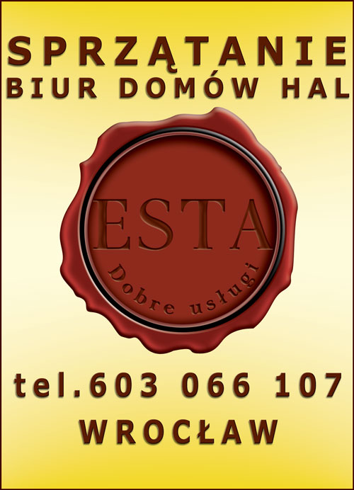 Logo firmy sprzątającej Esta z Wrocławia, oferującej sprzątanie biur, domów i hal, przedstawione w formie okrągłej pieczęci z numerem telefonu.