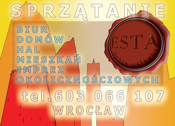 Grafika reklamowa firmy sprzątającej ESTA z Wrocławia, oferującej sprzątanie biur, domów, hal, mieszkań i imprez okolicznościowych, kontakt telefoniczny 603 066 107, na tle stylizowanego krajobrazu...