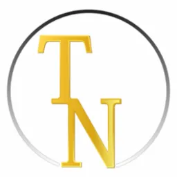 Złote litery T i N splecione ze sobą wewnątrz okręgu z czarną górną i srebrną dolną połową, logo firmy.