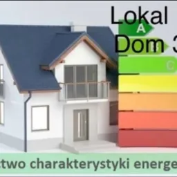Wizualizacja domu jednorodzinnego z naniesioną skalą efektywności energetycznej od A do G, z informacją o cenie za świadectwo dla lokalu i domu.