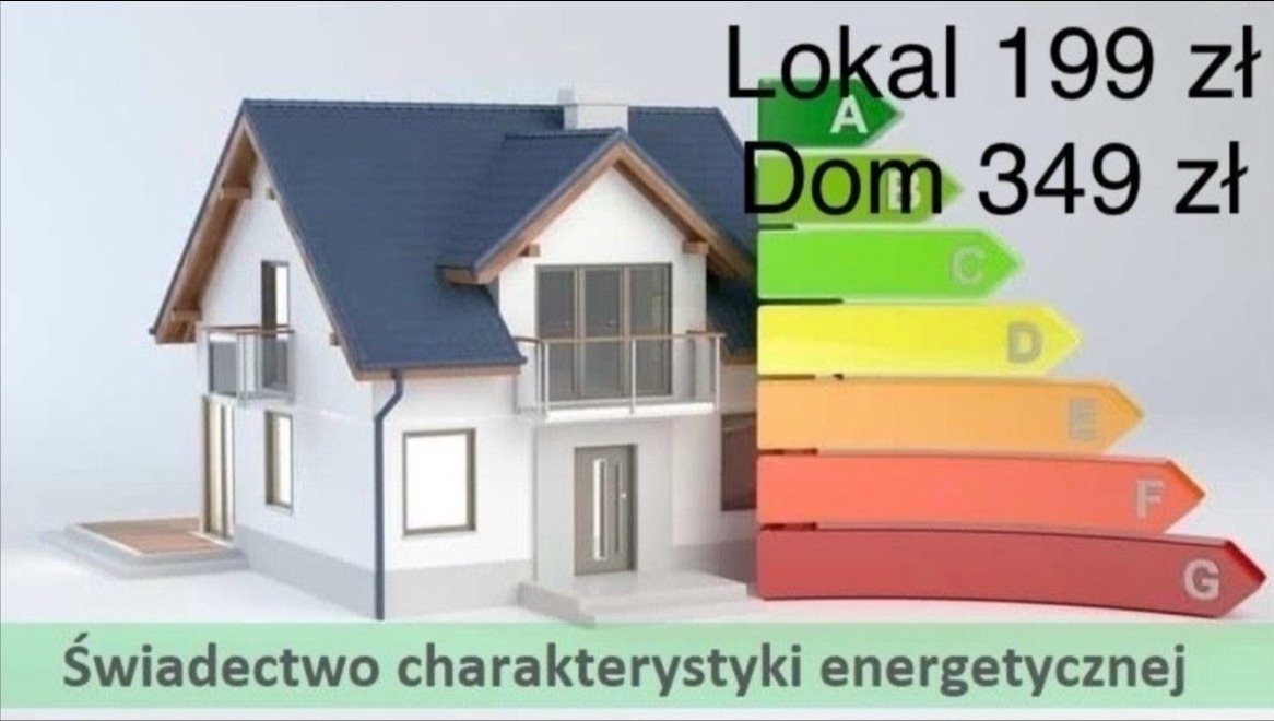 Wizualizacja domu jednorodzinnego z naniesioną skalą efektywności energetycznej od A do G, z informacją o cenie za świadectwo dla lokalu i domu.