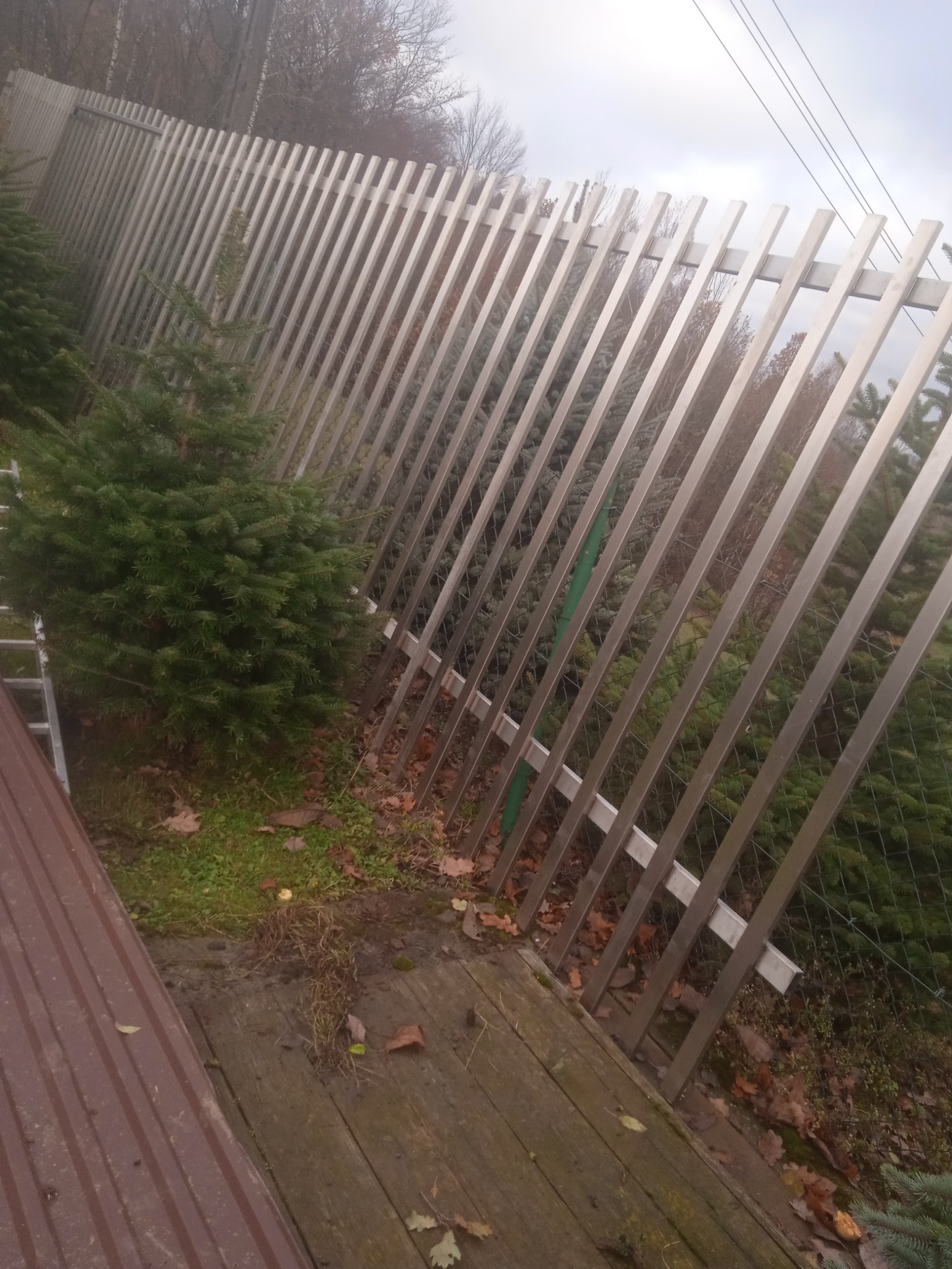 Długa, nowoczesna ogrodowa konstrukcja z metalowych, prostokątnych profili, ustawionych ukośnie, widoczna z perspektywy pod kątem, z młodymi drzewkami iglastymi w tle i drewnianym podłożem w dolnej...