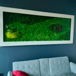 Panel dekoracyjny z mchu i roślin stabilizowanych w białej ramie, zawieszony na ciemnej ścianie nad szarą sofą.