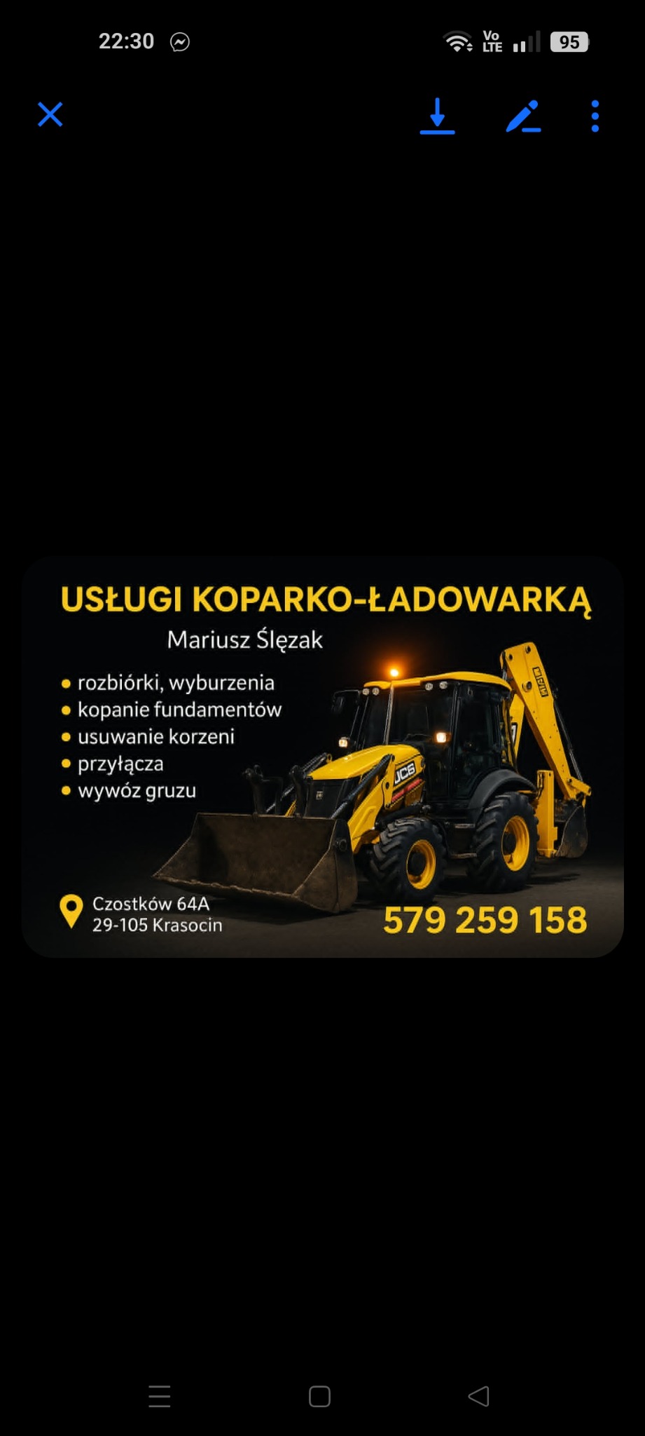 Żółta koparko-ładowarka JCB na czarnym tle z ofertą usług: rozbiórki, wykopy fundamentów, usuwanie korzeni, przyłącza, wywóz gruzu. Kontakt: Mariusz Ślęzak, Czostków 64A.