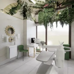 Wizualizacja nowoczesnego gabinetu stomatologicznego w Bydgoszczy z marmurowymi ścianami, roślinnym motywem na suficie, wiszącymi roślinami i lampami w kształcie małpek.