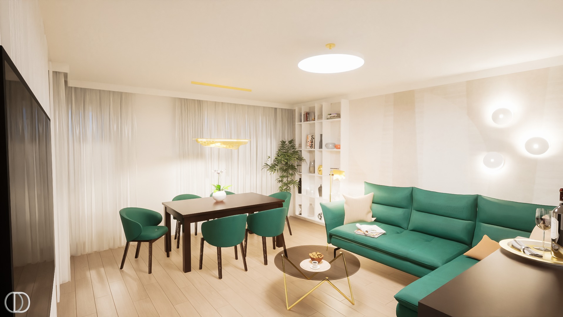 Wizualizacja wnętrza salonu z jadalnią: zielona sofa modułowa, ciemny stół z zielonymi krzesłami, okrągły stolik kawowy z przekąskami, biała biblioteczka i zasłony w tle.