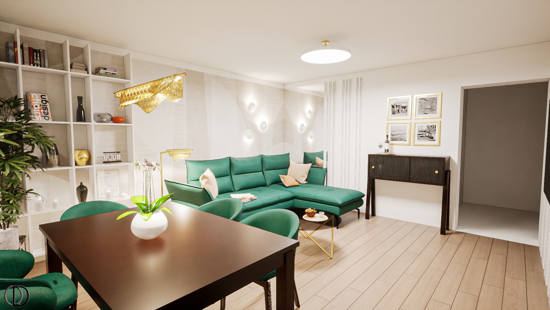 Wizualizacja salonu z zieloną sofą narożną, drewnianym stołem i krzesłami w kolorze butelkowej zieleni, oświetlona złotą lampą wiszącą i lampkami ściennymi, z półkami na książki i dekoracjami w tle.