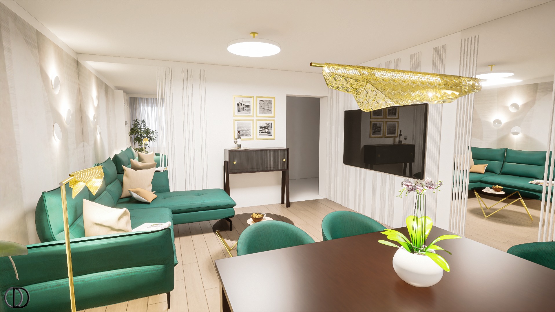 Wizualizacja salonu z zieloną sofą narożną, drewnianym stołem i złotymi akcentami oświetleniowymi, widziana z perspektywy jadalni z kwiatami w wazonie na pierwszym planie.