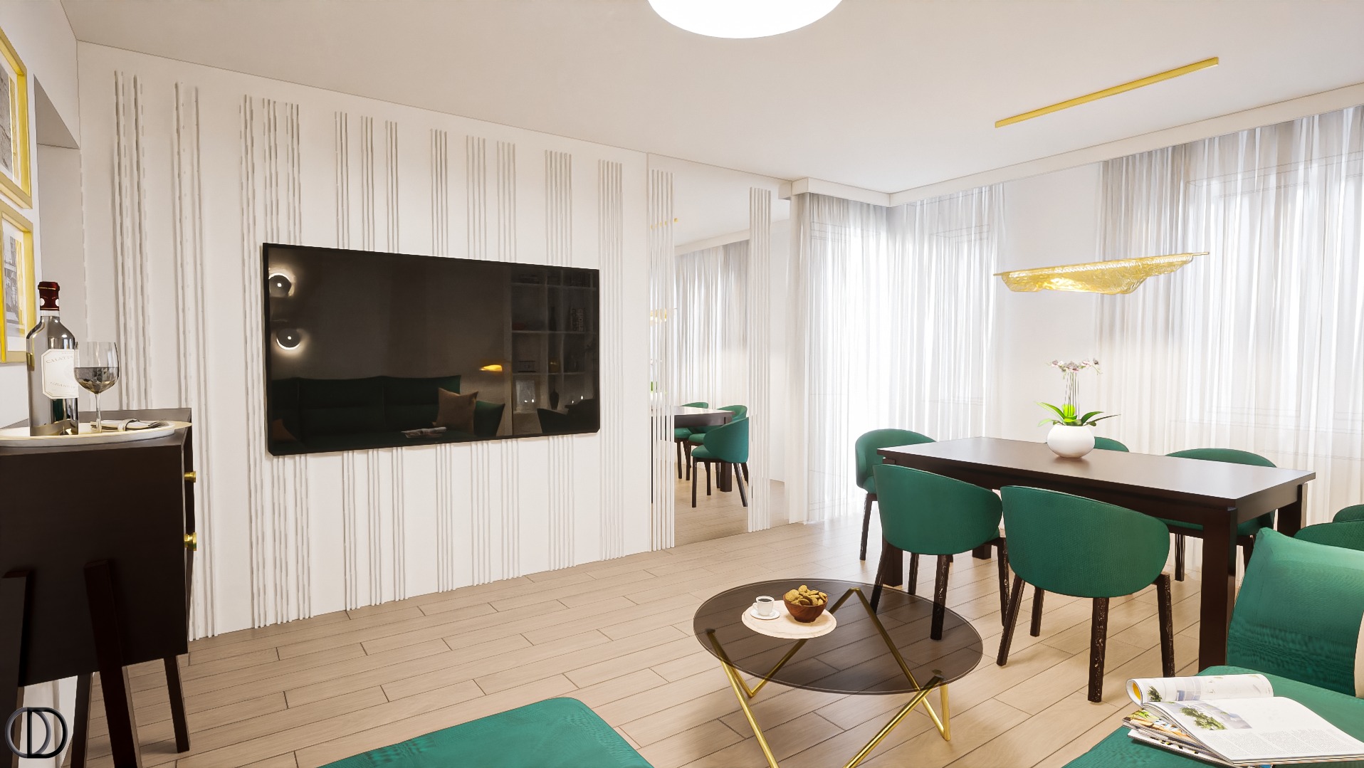 Wizualizacja salonu z jadalnią: ściana z telewizorem i dekoracyjnymi listwami, stolik kawowy z przekąskami, stół jadalny z zielonymi krzesłami i designerską lampą, widok na dalszą część mieszkania...