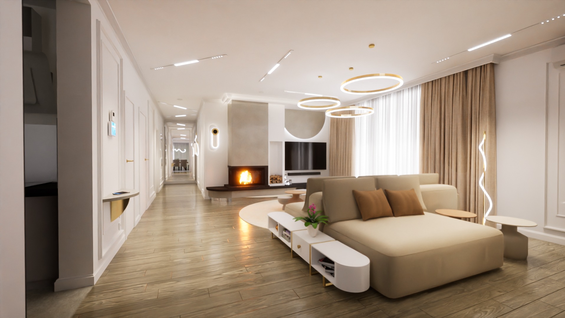Eleganckie wnętrze salonu z kominkiem i nowoczesną sofą w odcieniach beżu, oświetlone dekoracyjnymi lampami wiszącymi i podłogowymi, z widokiem na korytarz w głębi.