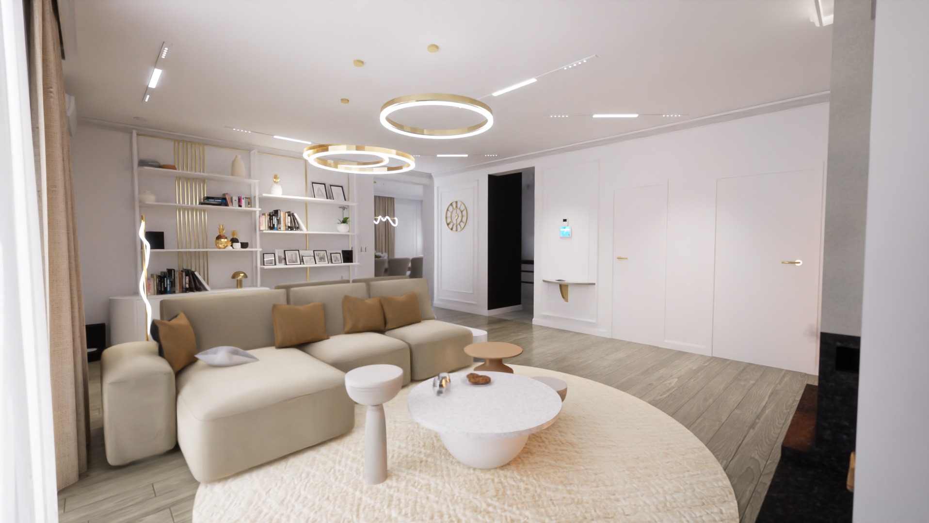 Jasne, przestronne wnętrze salonu z beżową sofą modułową, okrągłym dywanem i stolikami kawowymi, oświetlone nowoczesnymi lampami sufitowymi i półkami z dekoracjami.