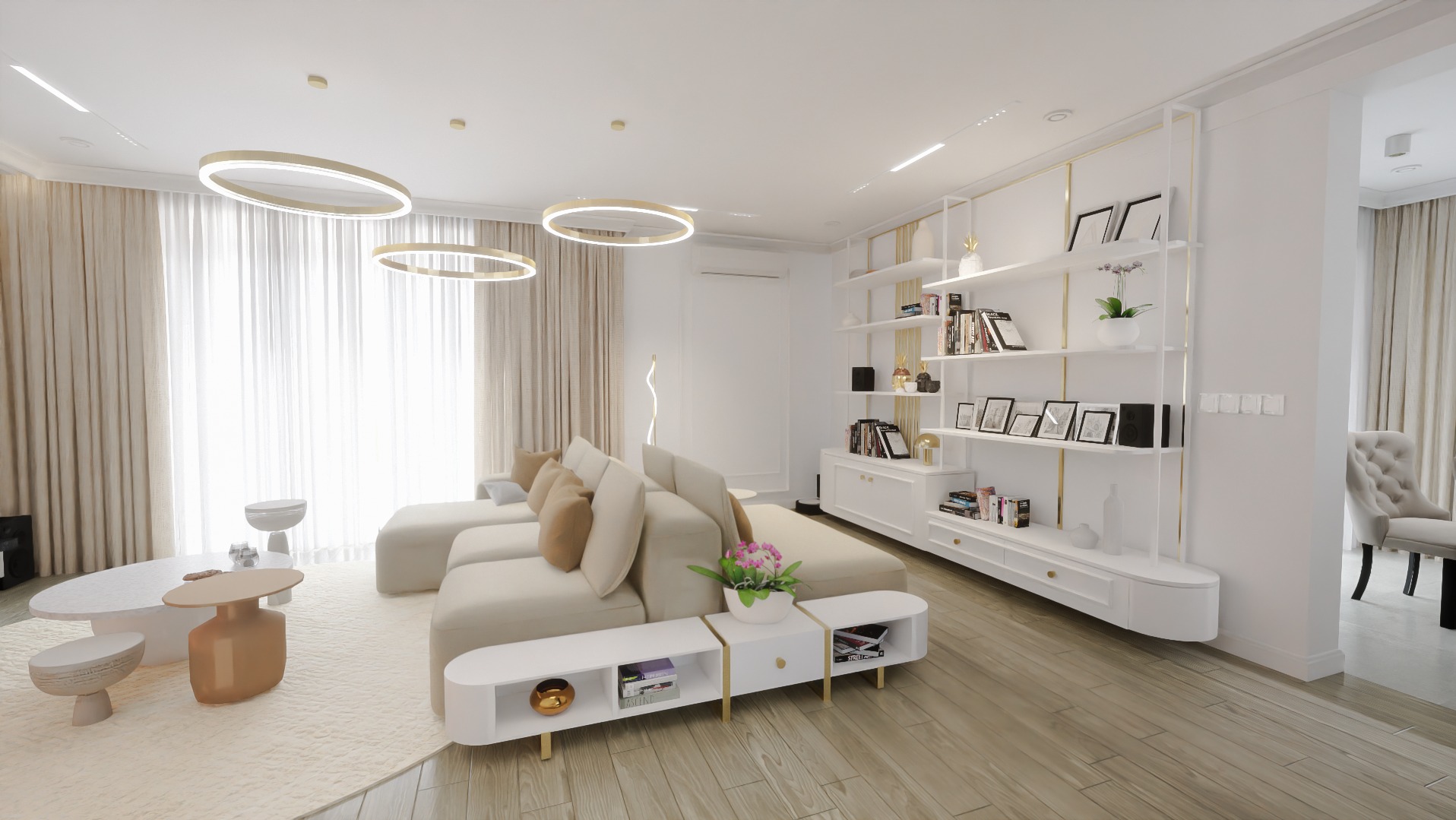 Jasny salon w minimalistycznym stylu z beżową sofą modułową, okrągłymi lampami sufitowymi i białymi regałami z dekoracjami.