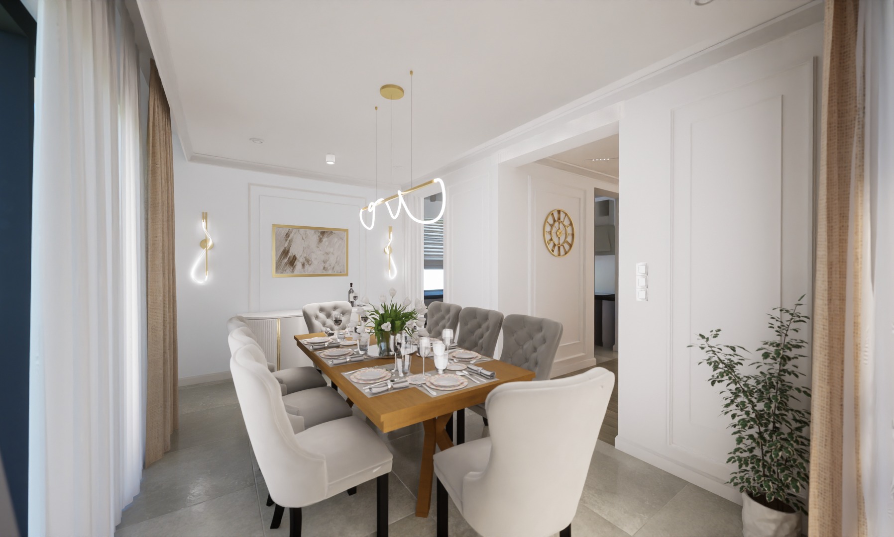 Elegancka jadalnia w jasnych barwach z drewnianym stołem, nakrytym do posiłku, otoczonym krzesłami z welurowym obiciem, oświetlona nowoczesną lampą wiszącą i kinkietami, z widokiem na sąsiednie...