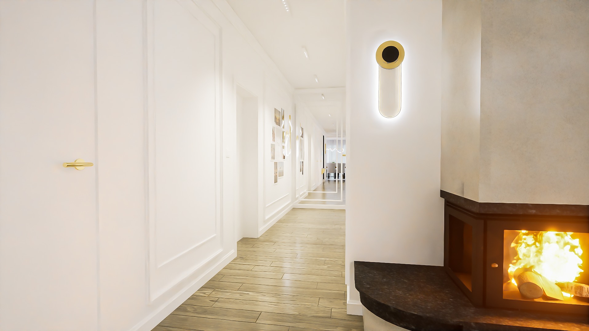 Nowoczesny korytarz z kominkiem i minimalistycznym oświetleniem ściennym, jasne drewniane podłogi i białe ściany z dekoracyjnymi listwami.