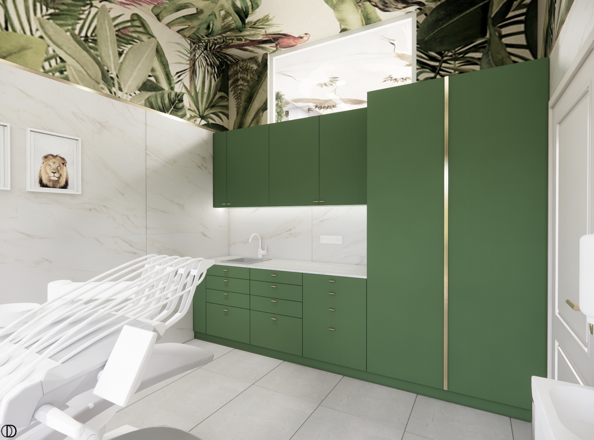 Wizualizacja gabinetu stomatologicznego z zielonymi szafkami, marmurową ścianą z obrazem lwa i fototapetą z motywem tropikalnym na suficie.