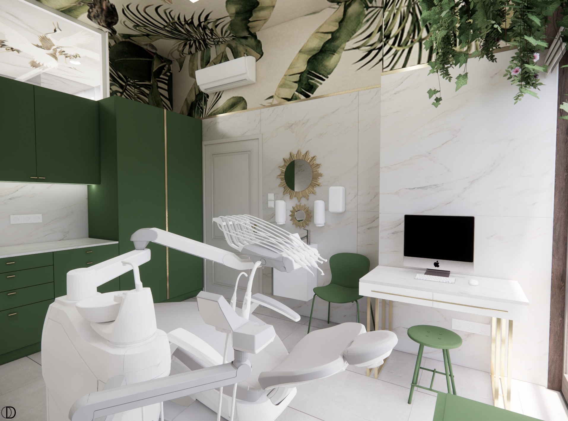 Nowoczesny gabinet stomatologiczny z białym fotelem dentystycznym, zielonymi akcentami kolorystycznymi, marmurowymi ścianami i dekoracją roślinną na suficie.
