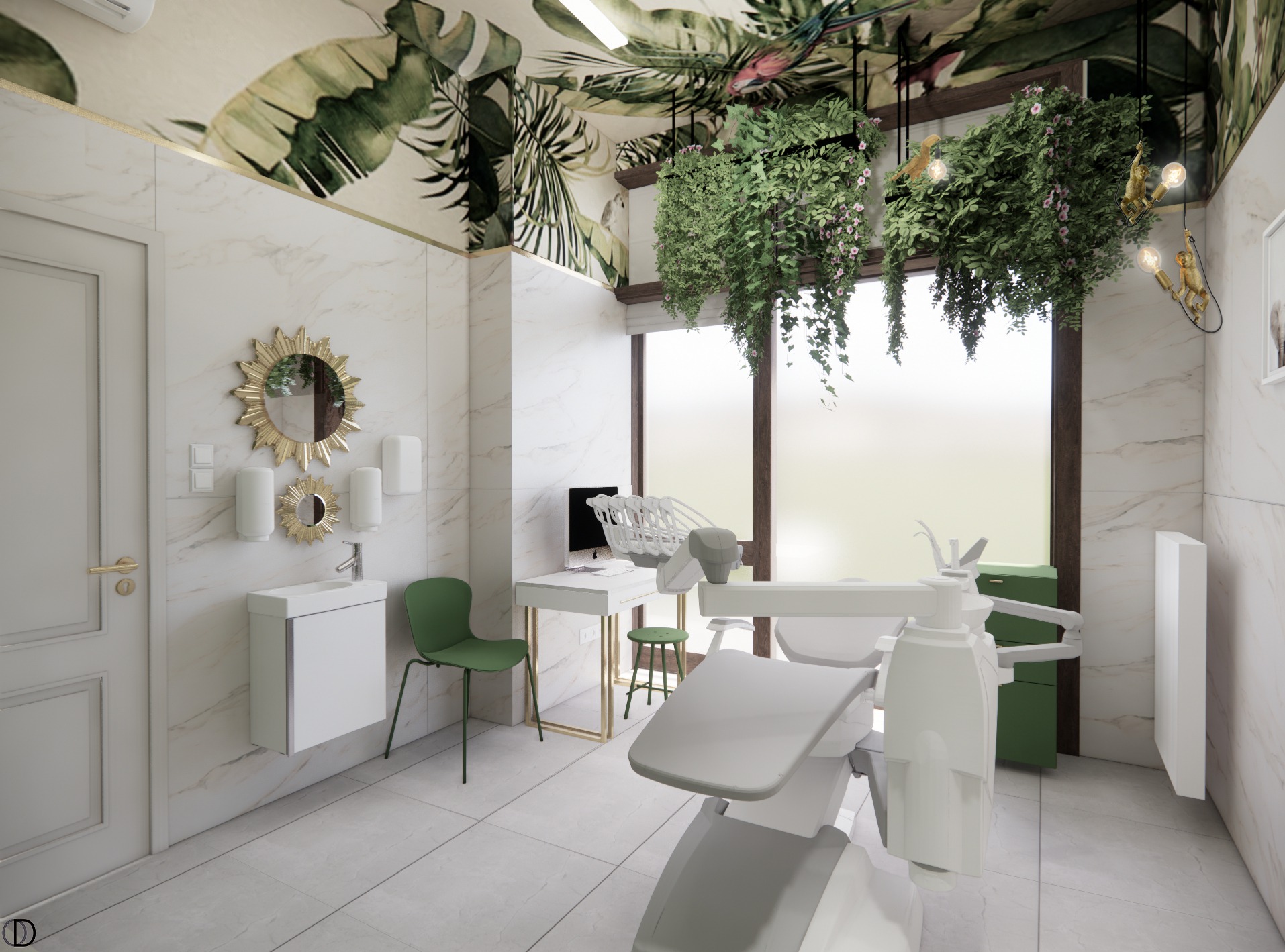 Wizualizacja nowoczesnego gabinetu stomatologicznego w Bydgoszczy z marmurowymi ścianami, roślinnym motywem na suficie, wiszącymi roślinami i lampami w kształcie małpek.
