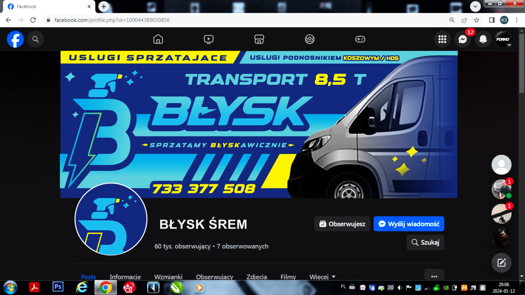 Profil firmy sprzątającej 'Błysk Śrem' na Facebooku, z logo przedstawiającym literę B z symbolem pistoletu do rozpylania i napisem 'Sprzątamy błyskawicznie', obok grafika z transportem o wadze 8,5...