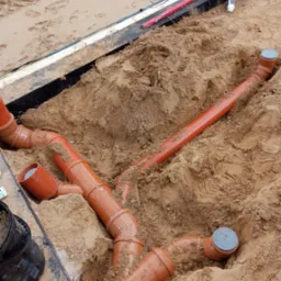 Pomarańczowe rury kanalizacyjne ułożone w wykopie wypełnionym piaskiem, widoczne narzędzia i poziomica na krawędzi wykopu.