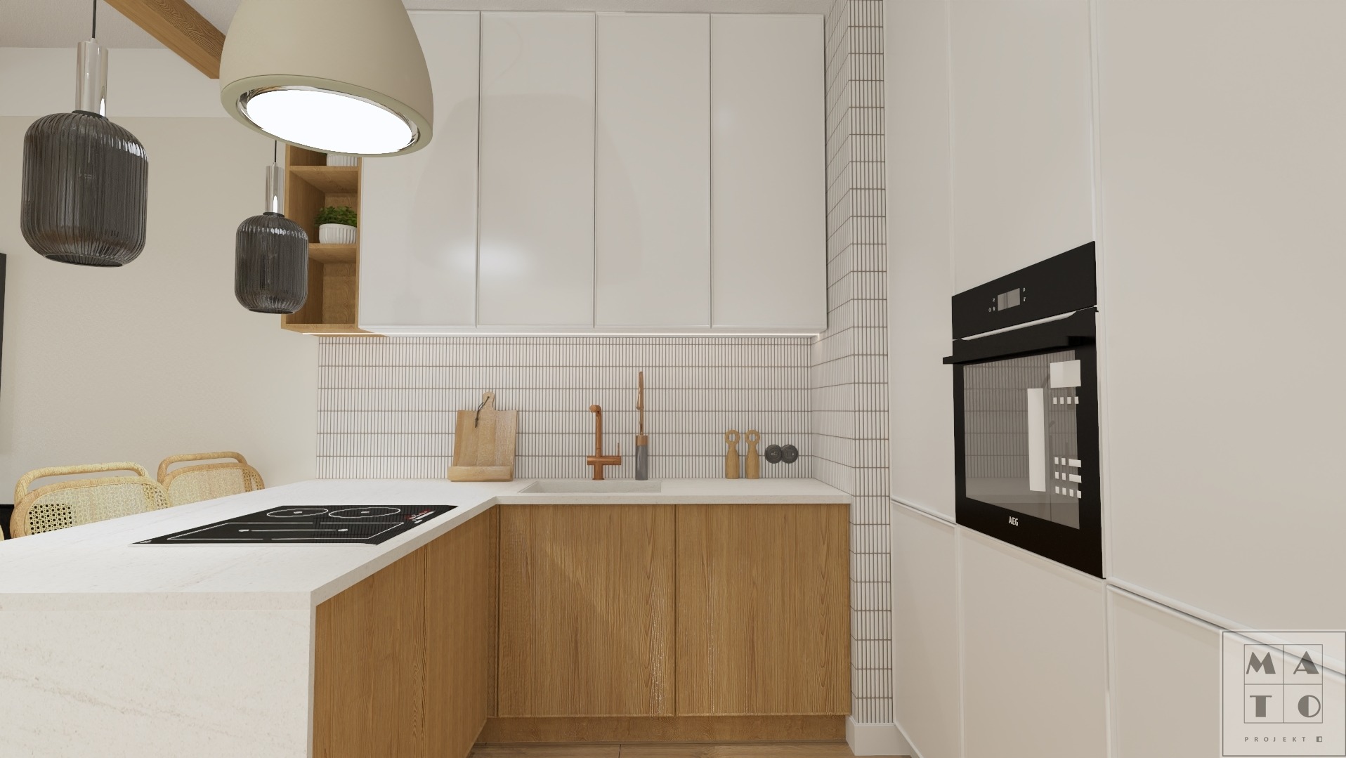 Wizualizacja nowoczesnej kuchni z białymi szafkami górnymi, drewnianymi szafkami dolnymi, białym blatem, czarną płytą indukcyjną, miedzianą baterią i pionowymi płytkami na ścianie