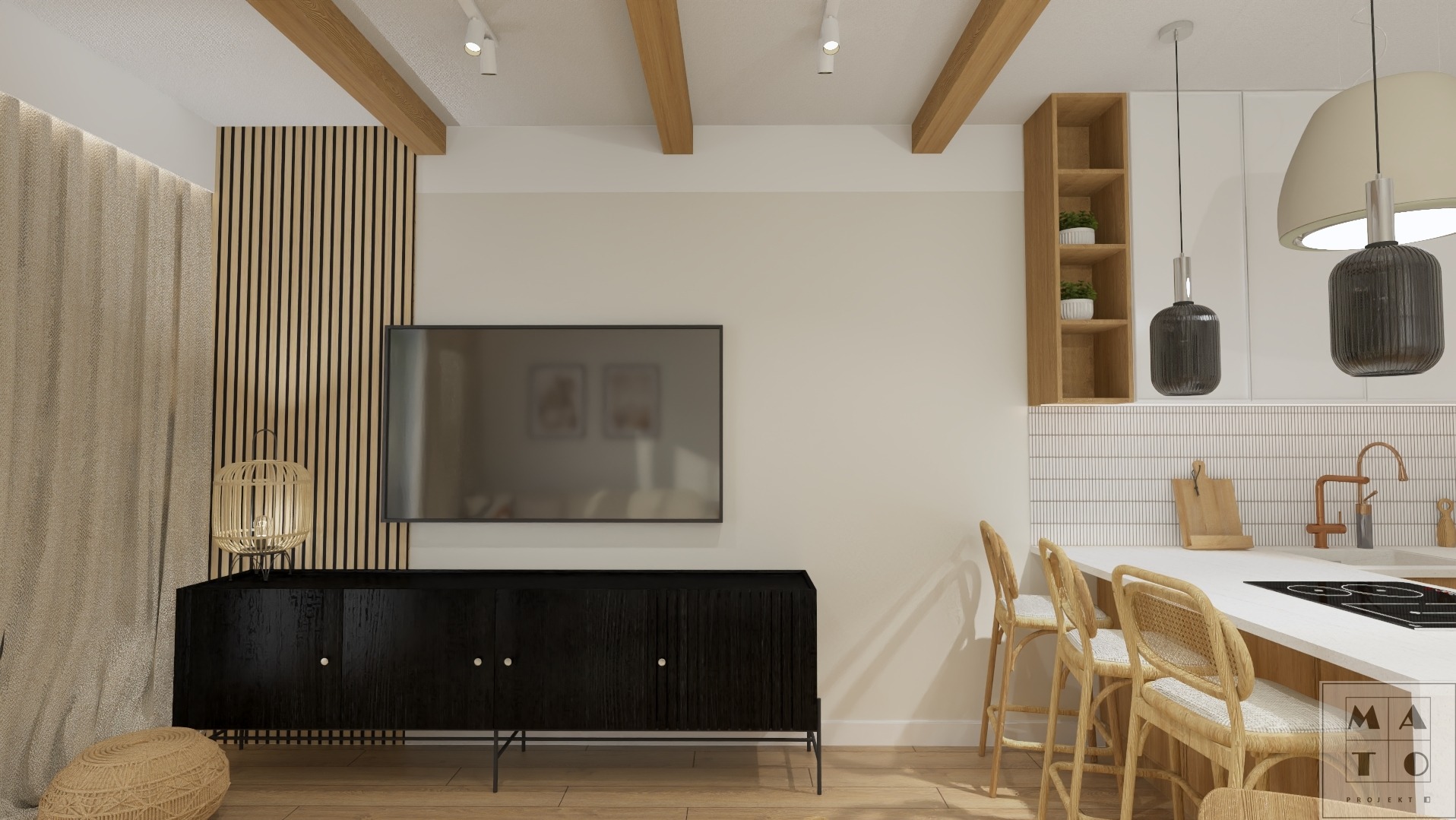 Wnętrze salonu z aneksem kuchennym w stylu skandynawskim, z czarną szafką RTV, lamelami na ścianie, drewnianymi belkami na suficie, i rattanowymi krzesłami barowymi przy białym blacie