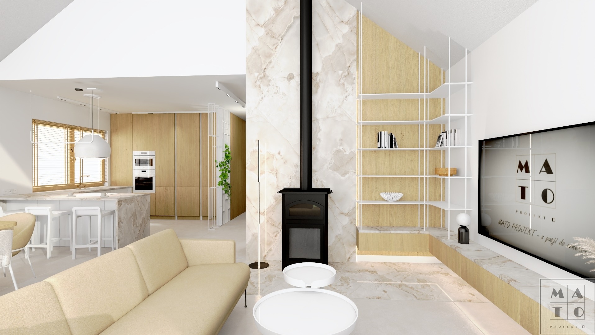 Wizualizacja salonu z aneksem kuchennym w jasnych barwach, beżowa sofa, czarny kominek na tle marmurowej ściany, białe stoliki kawowe, zabudowa kuchenna z elementami drewna, biały regał z półkami.